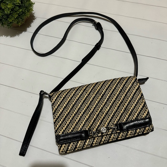 Patricia Nash EUC Apricale Clutch Crossbody Woven‎ Raffia Black Cream Leather - Picture 2 of 11